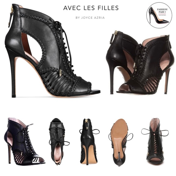 Avec Les Filles Black Joyce Lace Up Open Toe Stiletto Heel Pump Booties Shooties - Picture 2 of 13